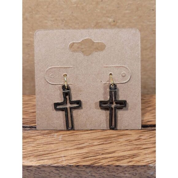 (3 for $15) JoMa Antiqued Gold Cross Dangle Earrings- NEW - Picture 1 of 4